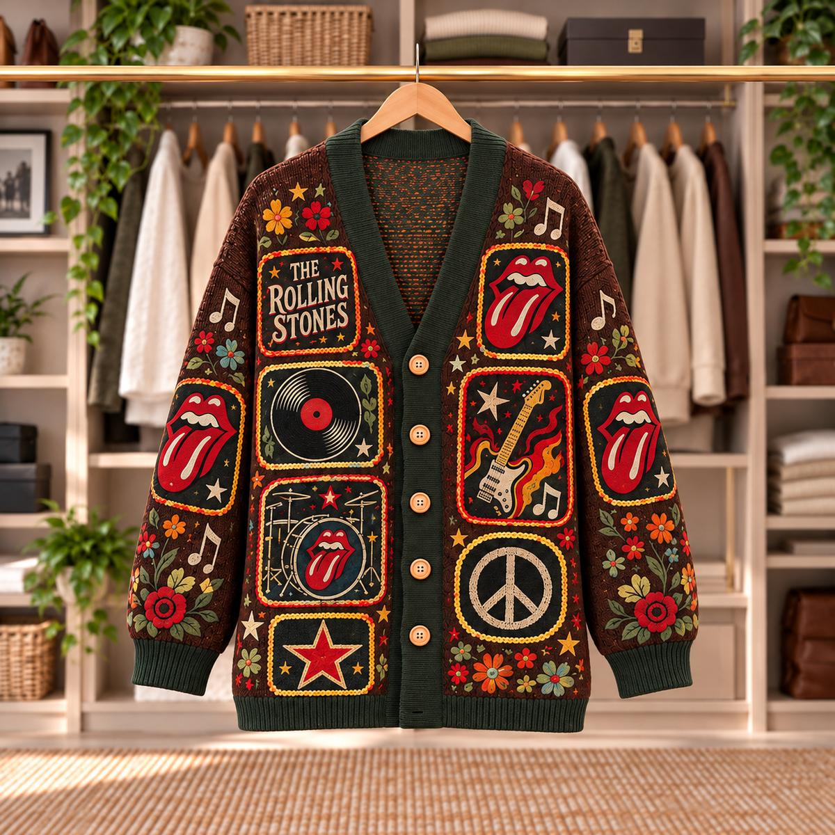 The Rolling Stones Patchwork Cardigan - Casual Button Sweater, Tongue Logo Guitar Classic Rock Music Fan Gift