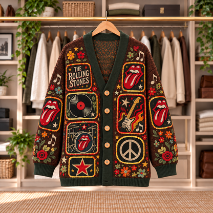 The Rolling Stones Patchwork Cardigan - Casual Button Sweater, Tongue Logo Guitar Classic Rock Music Fan Gift