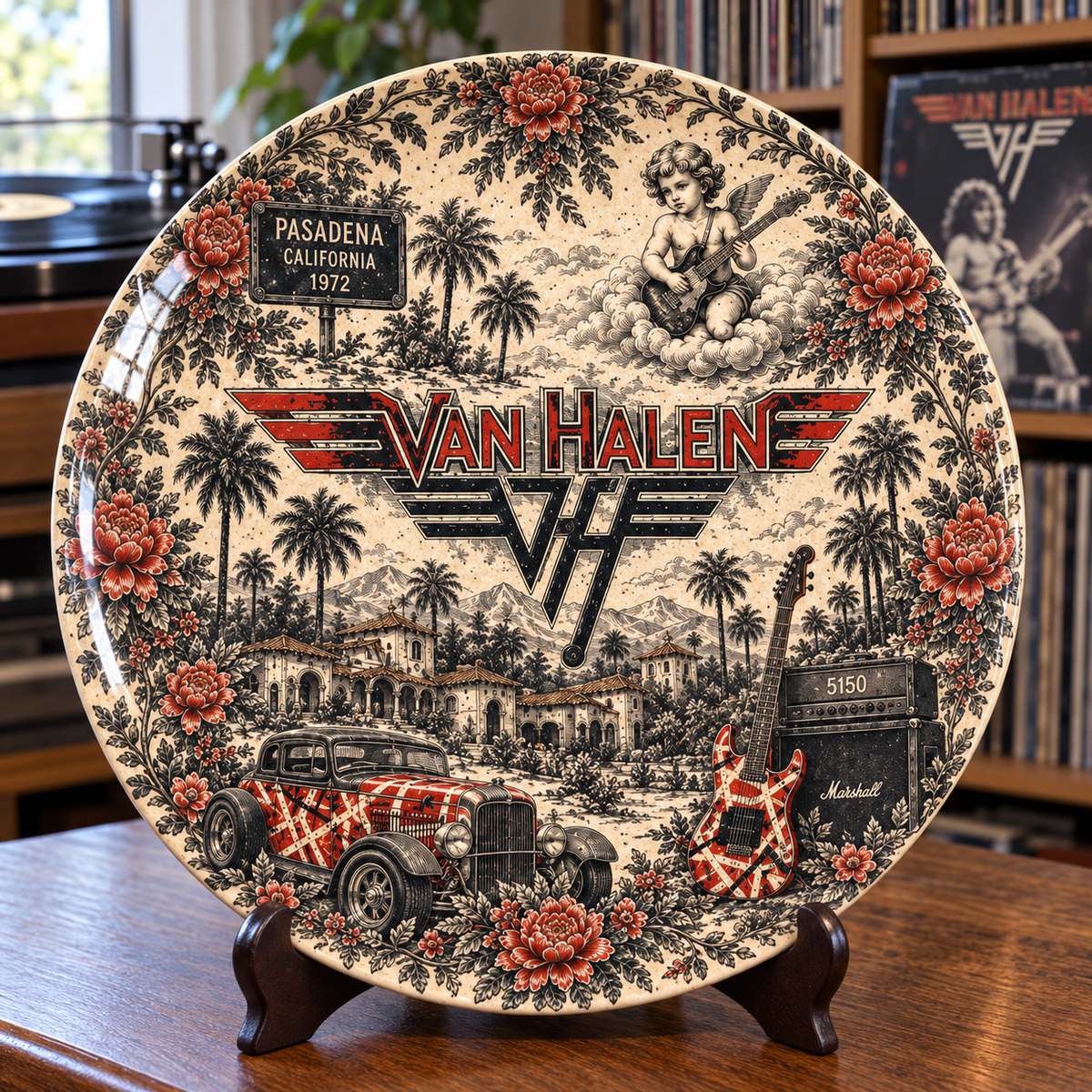 Van Halen Toile de Jouy Ceramic Plate - Decorative Wall & Table Display Dish, Red Frankie Guitar 5150 Hard Rock Fan Gift