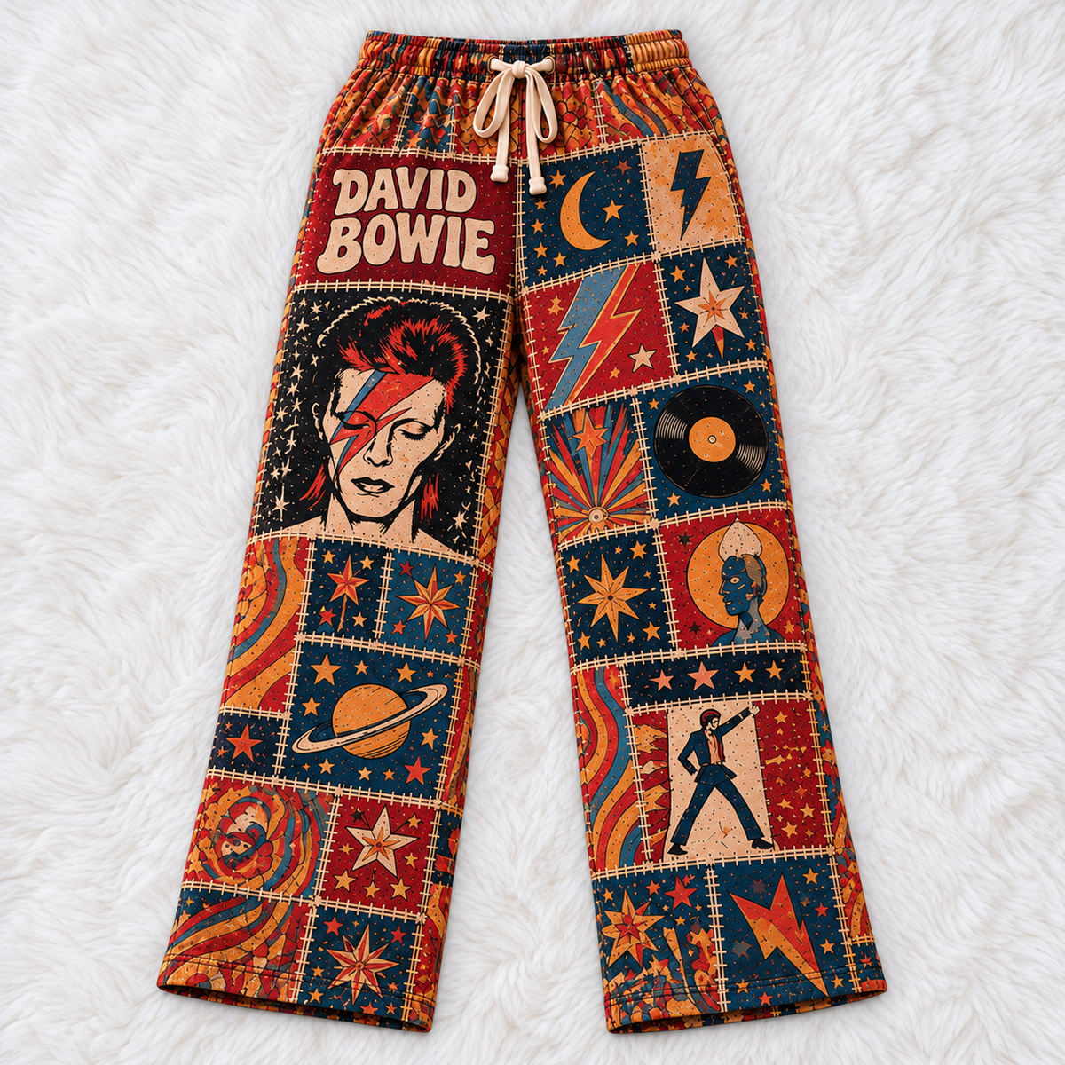 David Bowie Pajama Pants - Patchwork Aladdin Sane Art Sleepwear | Comfortable Glam Rock Fan Lounge Pants