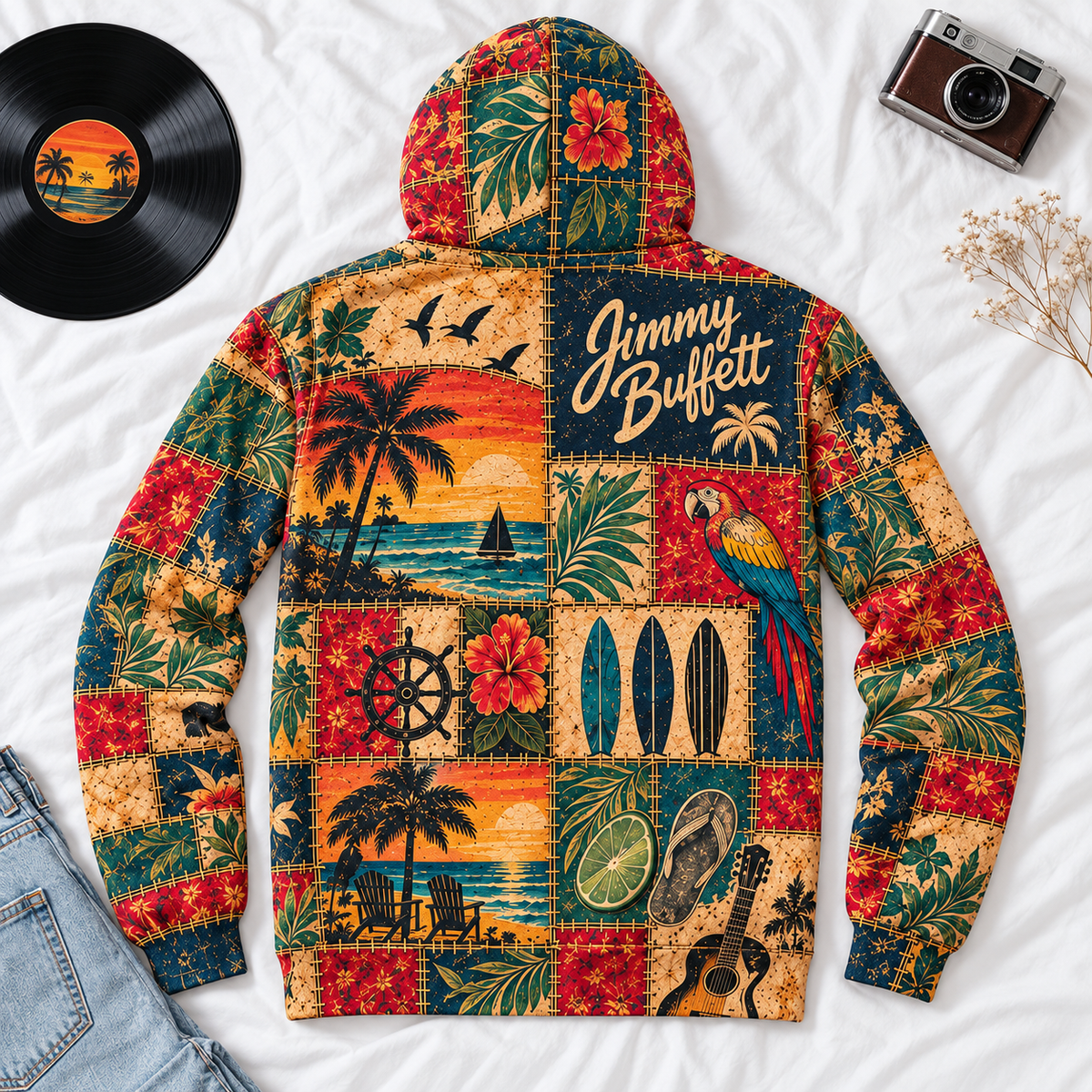 Jimmy Buffett Patchwork Hoodie – Vintage Tropical Beach Graphic Pullover, Margaritaville Paradise Hoodie, Retro Parrothead Fan Gift
