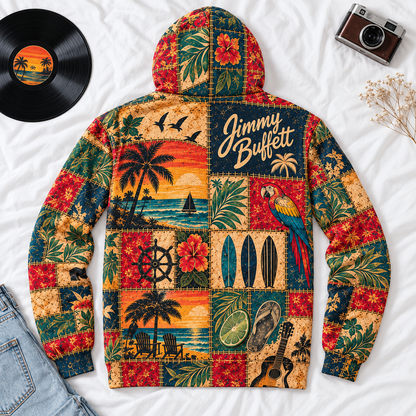 Jimmy Buffett Patchwork Hoodie – Vintage Tropical Beach Graphic Pullover, Margaritaville Paradise Hoodie, Retro Parrothead Fan Gift