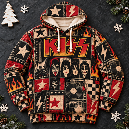 KISS Patchwork Hoodie – Vintage Rock Band Graphic Pullover, Retro 70s Hard Rock Flame & Lightning Design, KISS Army Fan Gift, Unisex Sweatshirt
