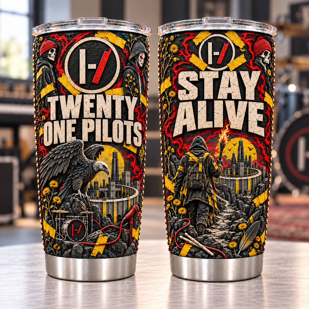 Twenty One Pilots 3D Printed Tumbler - 20oz 300oz Stainless Steel Insulated Travel Coffee Mug with Lid - Alternative Rock Band Music Merchandise Gift