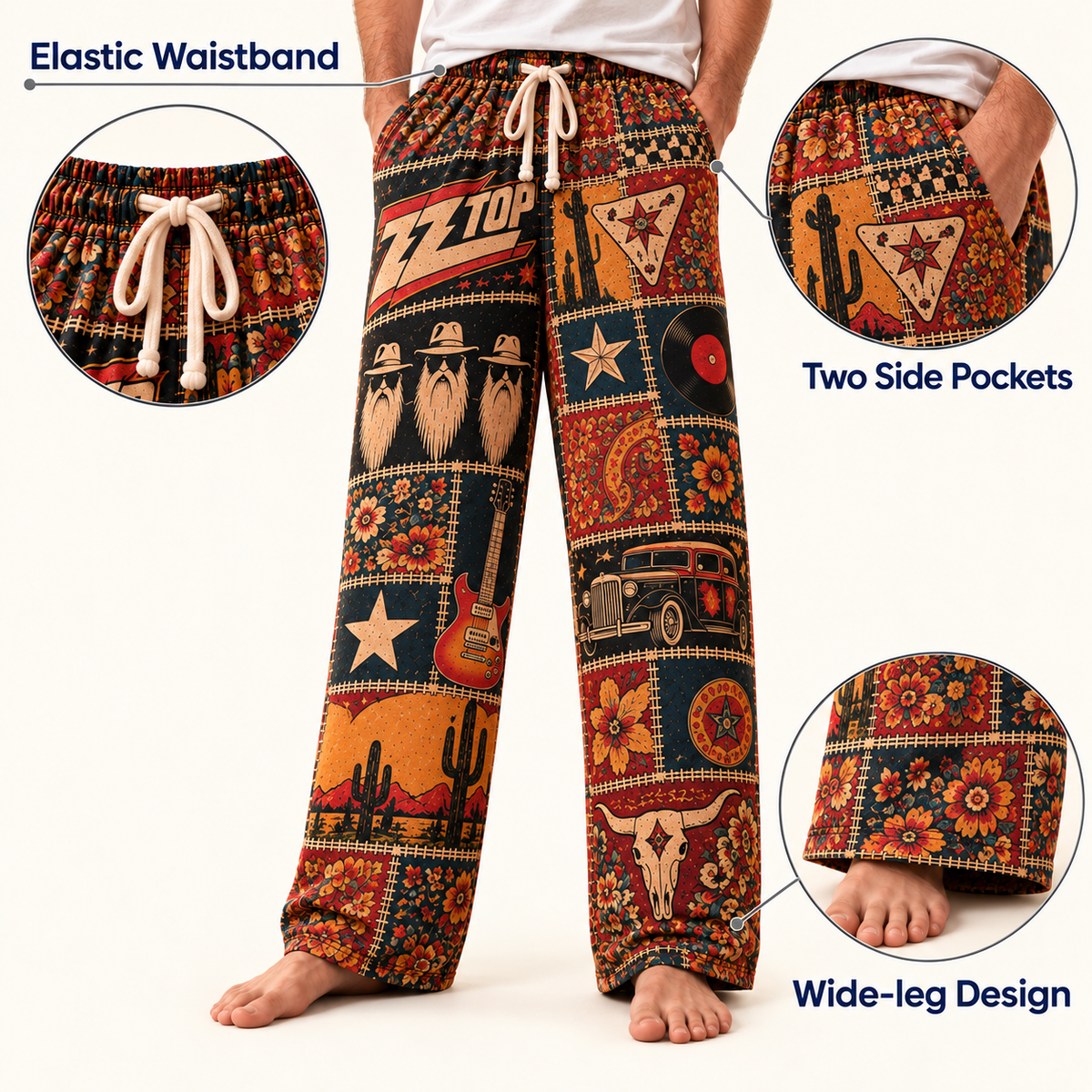 ZZ Top Patchwork Pajama Pants - Vintage Texas Blues Rock Art & Hot Rod Coupe Lounge Pants with Elastic Waistband, Adjustable Drawstring & Two Side Pockets