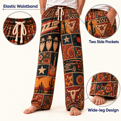 ZZ Top Patchwork Pajama Pants - Vintage Texas Blues Rock Art & Hot Rod Coupe Lounge Pants with Elastic Waistband, Adjustable Drawstring & Two Side Pockets