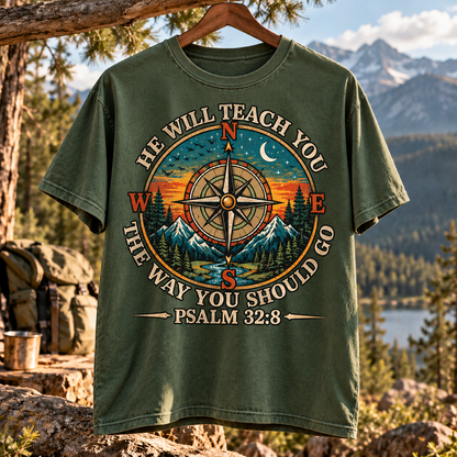 Psalm 32:8 Christian T-Shirt, He Will Teach You The Way You Should Go Shirt, Compass Faith Tee, Christian Hiking Shirt, Outdoor Bible Verse Gift