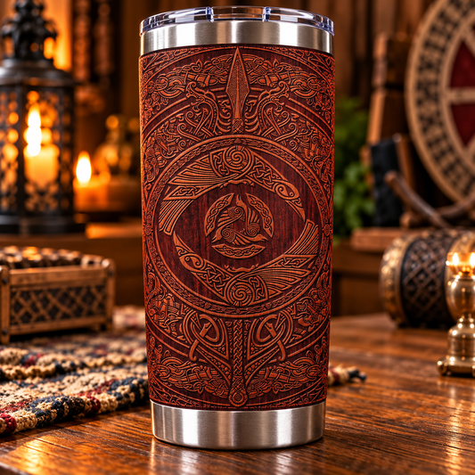 Norse Mythology Odin Ravens & Triskele Stainless Steel Tumbler - Carved Wood Effect Travel Cup with Lid