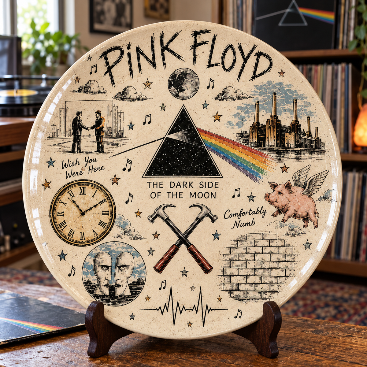Pink Floyd Sketch Art Ceramic Plate - Decorative Wall & Table Display Dish, Dark Side of the Moon Wish You Were Here Rock Fan Gift