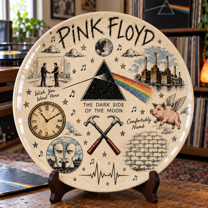 Pink Floyd Sketch Art Ceramic Plate - Decorative Wall & Table Display Dish, Dark Side of the Moon Wish You Were Here Rock Fan Gift