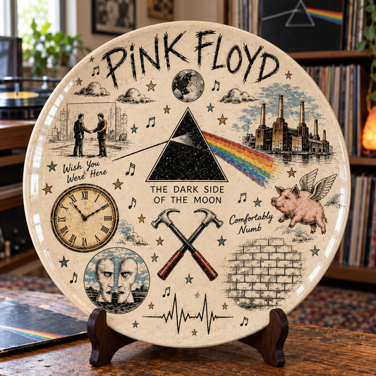 Pink Floyd Sketch Art Ceramic Plate - Decorative Wall & Table Display Dish, Dark Side of the Moon Wish You Were Here Rock Fan Gift