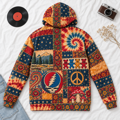 Grateful Dead Patchwork Hoodie – Vintage Steal Your Face Skull Graphic Pullover, Retro Tie Dye Hippie Hoodie, Grateful Dead Fan Gift