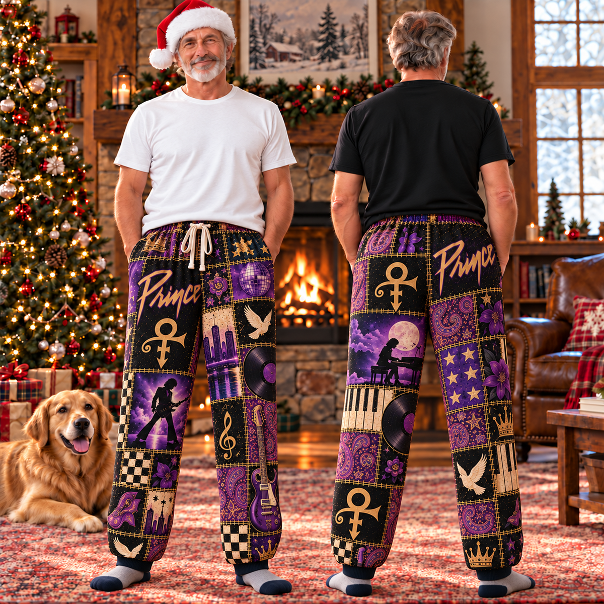 Prince Classic Funk Pop Pajama Pants - Retro Patchwork Cloud Guitar, White Dove & Disco Ball Sleepwear - Comfortable  Pajama for Music Fans & Collectors Gift
