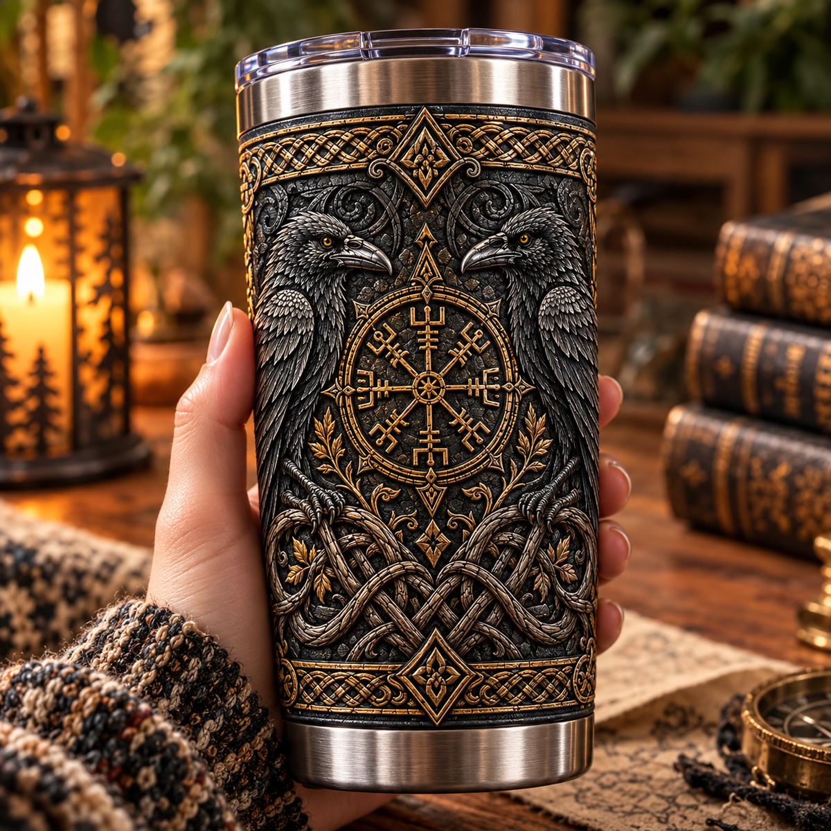3D Printed Viking Odin Ravens & Vegvisir Compass Tumbler - Norse Mythology Stainless Steel Drinkware