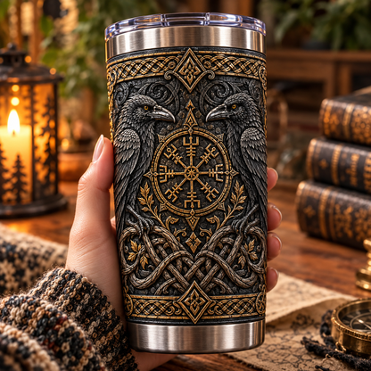 3D Printed Viking Odin Ravens & Vegvisir Compass Tumbler - Norse Mythology Stainless Steel Drinkware