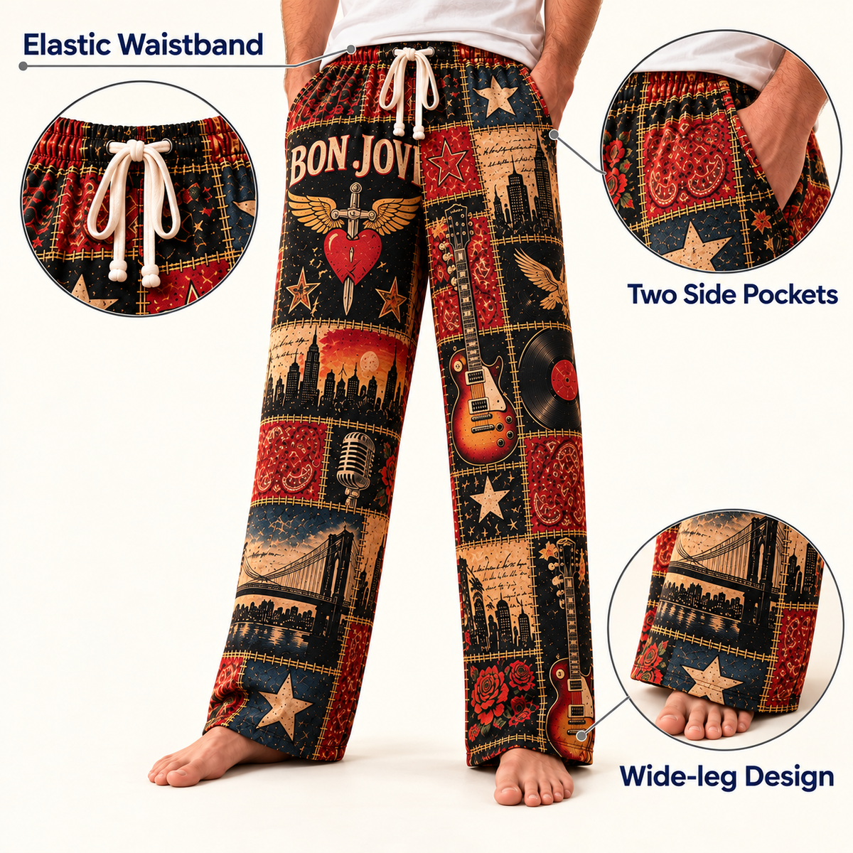 Bon Jovi Pajama Pants - Patchwork Classic Rock Art Sleepwear | Comfortable Music Fan Lounge Pants