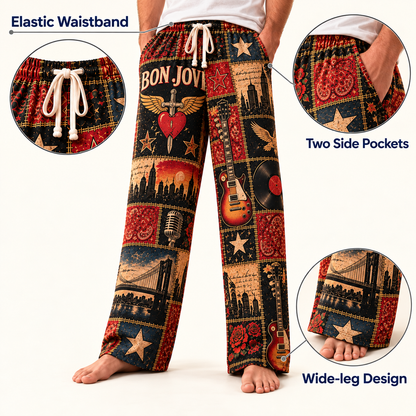Bon Jovi Pajama Pants - Patchwork Classic Rock Art Sleepwear | Comfortable Music Fan Lounge Pants