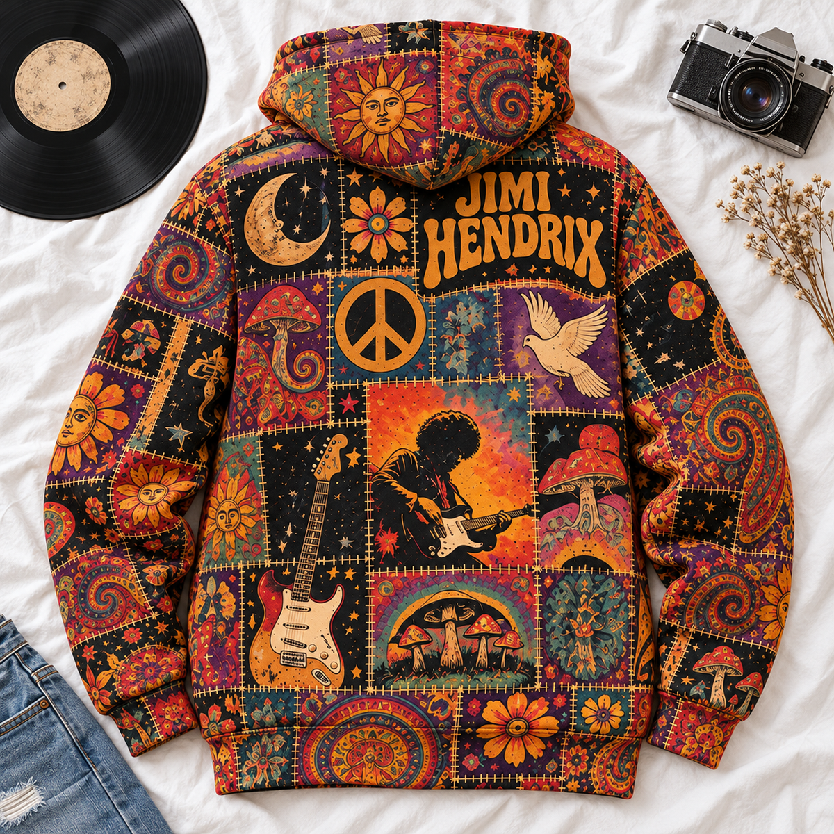 Jimi Hendrix Patchwork Hoodie – Vintage Psychedelic Rock Graphic Pullover, Retro 60s Hippie Tie-Dye Hoodie, Jimi Hendrix Fan Gift