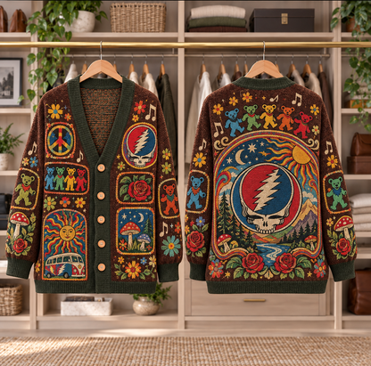 Grateful Dead Patchwork Cardigan - Casual Oversized Button Sweater, Steal Your Face Dancing Bears Psychedelic Music Fan Gift