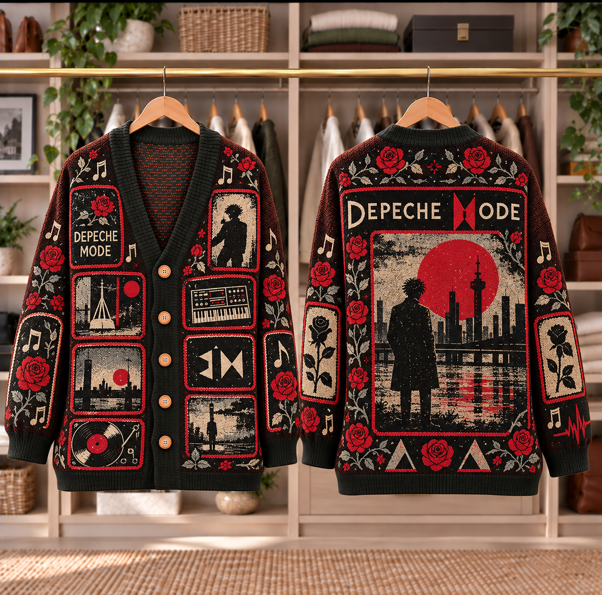 Depeche Mode Patchwork Knitted Cardigan - Casual Oversized Button Sweater, Red Rose Synthesizer New Wave Fan Gift