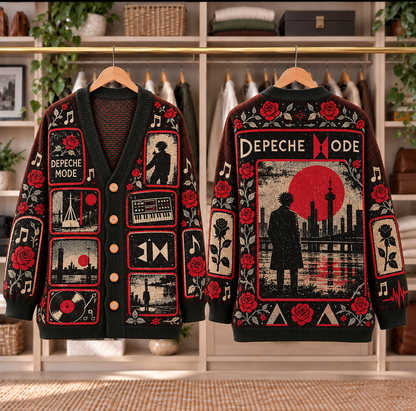 Depeche Mode Patchwork Knitted Cardigan - Casual Oversized Button Sweater, Red Rose Synthesizer New Wave Fan Gift