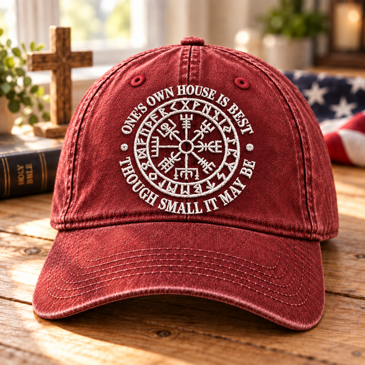 Viking Vegvisir Compass Denim Cap - Vintage Washed Denim Embroidered Norse Mythology Hat Gift
