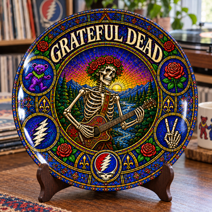Grateful Dead Stained Glass Ceramic Plate - Decorative Wall & Table Display Dish, Skeleton Guitar Rock Fan Gift