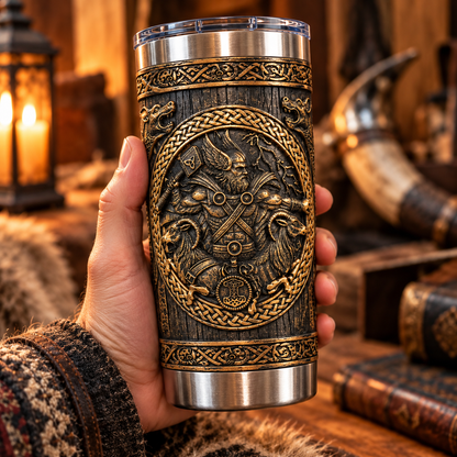 3D Printed Ancient Viking Thor & Mjolnir Tumbler - Norse Mythology Fantasy Stainless Steel Drinkware
