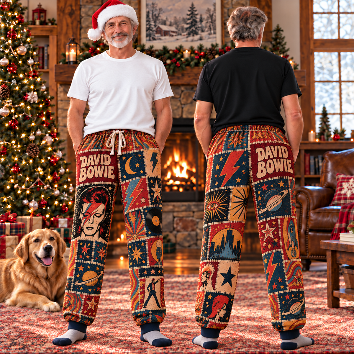 David Bowie Pajama Pants - Patchwork Aladdin Sane Art Sleepwear | Comfortable Glam Rock Fan Lounge Pants