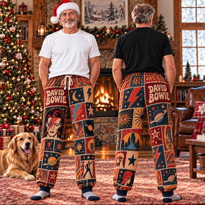David Bowie Pajama Pants - Patchwork Aladdin Sane Art Sleepwear | Comfortable Glam Rock Fan Lounge Pants