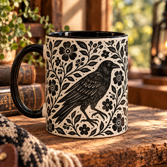 Linocut Raven Ceramic Coffee Mug | Vintage Black Crow Floral Cup, Gothic Raven Coffee Cup