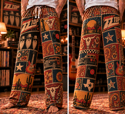 ZZ Top Patchwork Pajama Pants - Vintage Texas Blues Rock Art & Hot Rod Coupe Lounge Pants with Elastic Waistband, Adjustable Drawstring & Two Side Pockets