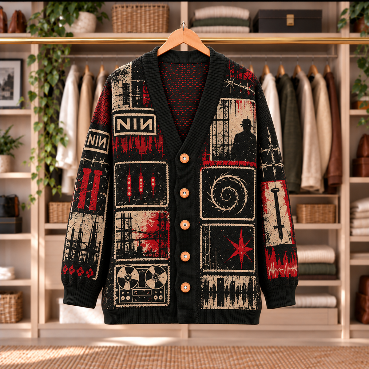 Nine Inch Nails Patchwork Cardigan - Casual Oversized Button Sweater, NIN Industrial Rock Music Fan Gift
