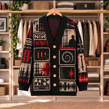 Nine Inch Nails Patchwork Cardigan - Casual Oversized Button Sweater, NIN Industrial Rock Music Fan Gift