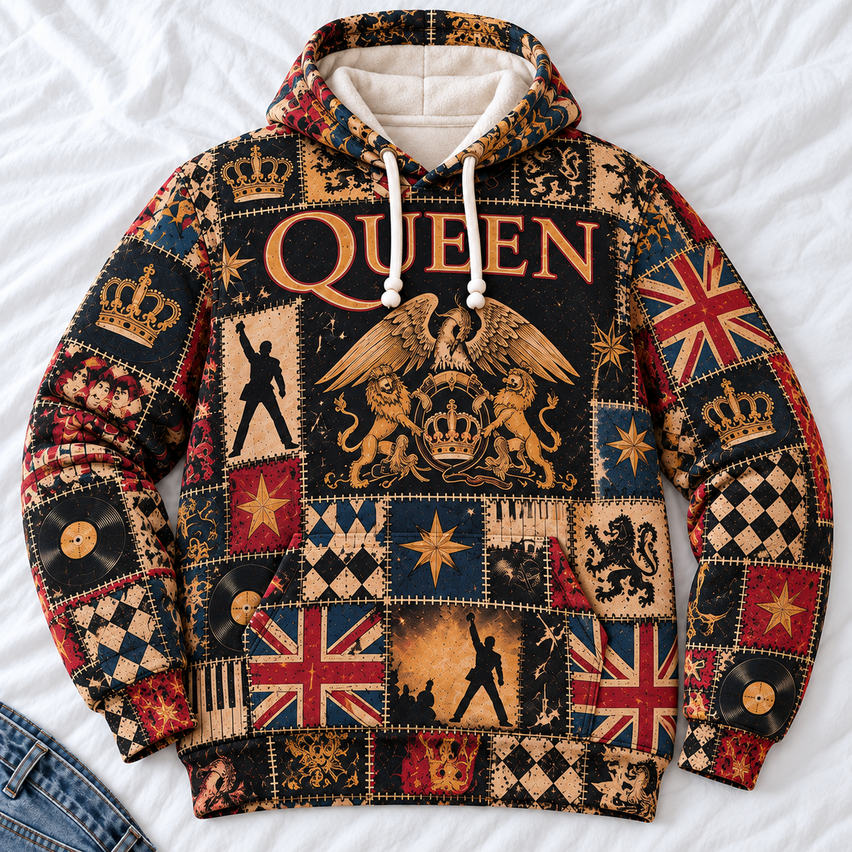 Queen Patchwork Hoodie – Vintage Freddie Mercury Graphic Pullover, Retro 70s 80s Classic Rock Sweatshirt, Bohemian Rhapsody Inspired Hoodie