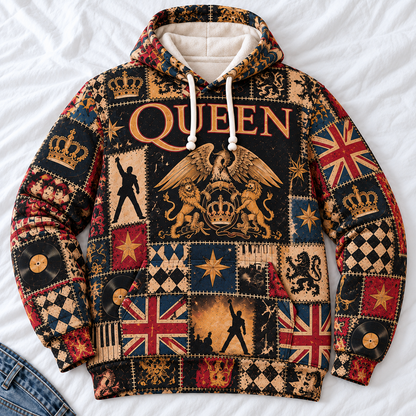Queen Patchwork Hoodie – Vintage Freddie Mercury Graphic Pullover, Retro 70s 80s Classic Rock Sweatshirt, Bohemian Rhapsody Inspired Hoodie