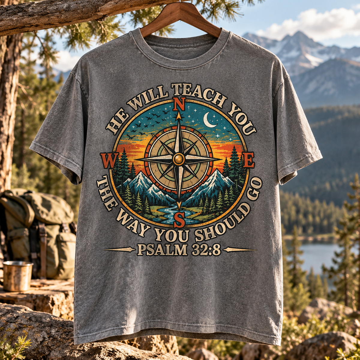 Psalm 32:8 Christian T-Shirt, He Will Teach You The Way You Should Go Shirt, Compass Faith Tee, Christian Hiking Shirt, Outdoor Bible Verse Gift
