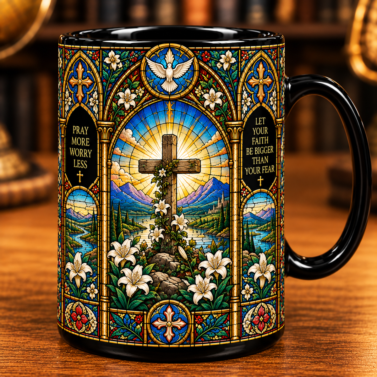 Jesus Stained Glass Mug – Faith Over Fear Christian Coffee Cup, Good Shepherd & Cross Religious Gift for Christian Women