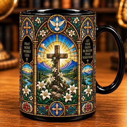 Jesus Stained Glass Mug – Faith Over Fear Christian Coffee Cup, Good Shepherd & Cross Religious Gift for Christian Women