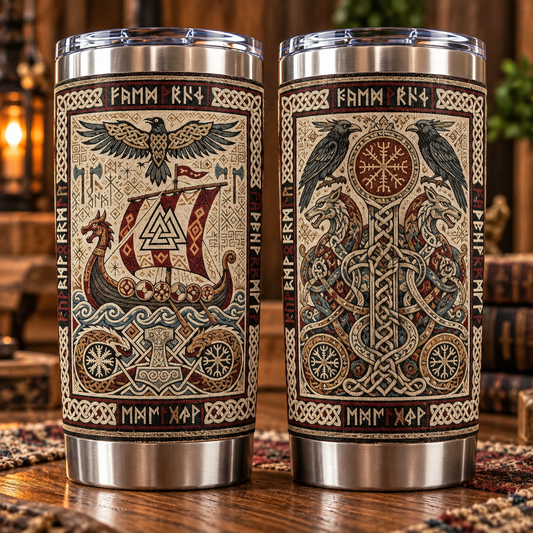 Vintage Viking Longship & Vegvisir Tapestry Pattern Tumbler - Ancient Norse Mythology Stainless Steel Drinkware