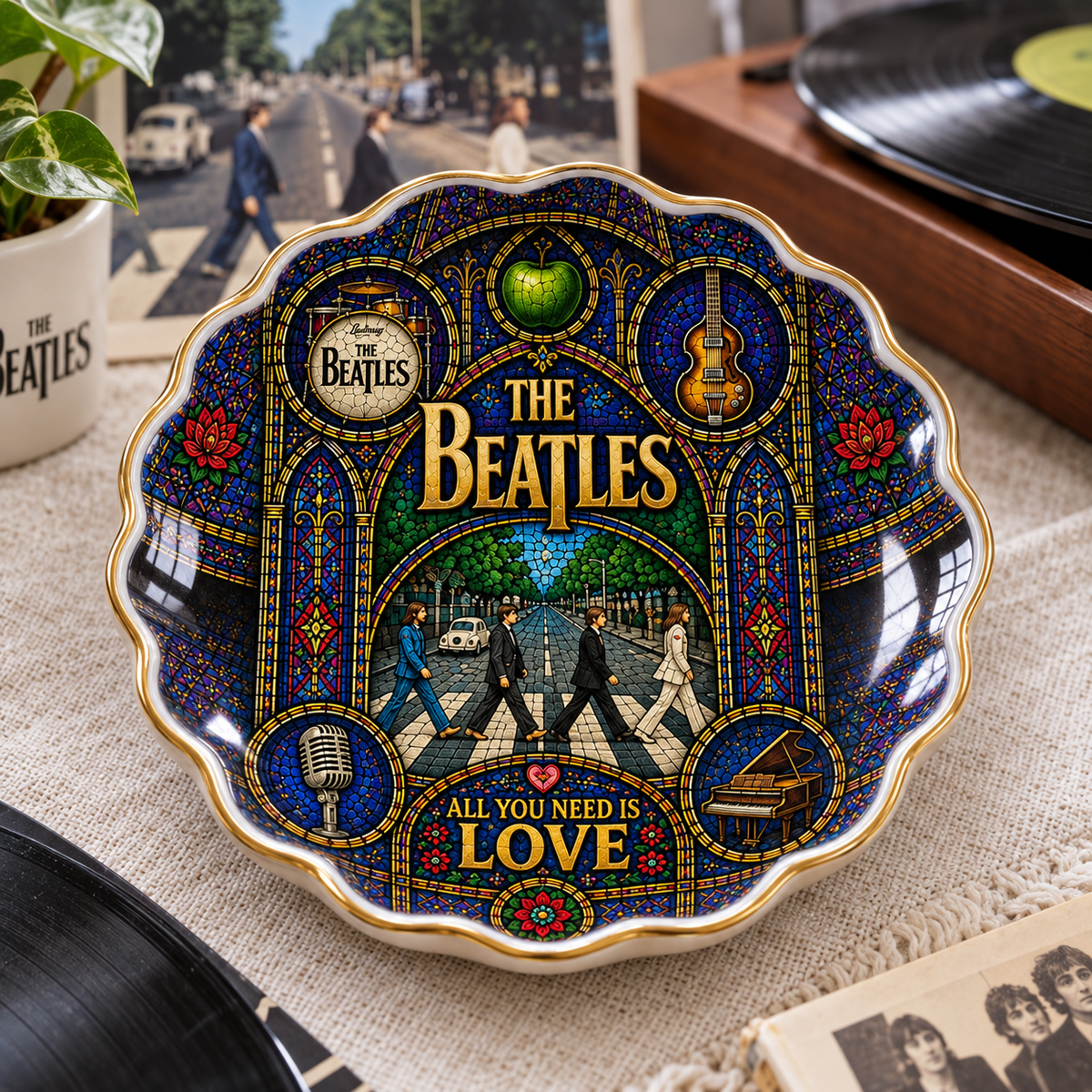 The Beatles Stained Glass Jewelry Dish - Ceramic Trinket Tray, Abbey Road All You Need Is Love Ring Holder, Rock Fan Gift