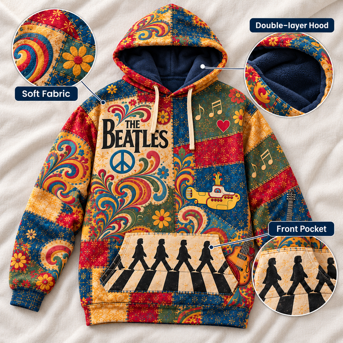 The Beatles Patchwork Hoodie – Vintage 60s Psychedelic Rock Band Pullover, Abbey Road & Yellow Submarine Inspired Hoodie, Retro Beatles Fan Gift