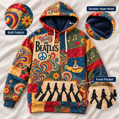 The Beatles Patchwork Hoodie – Vintage 60s Psychedelic Rock Band Pullover, Abbey Road & Yellow Submarine Inspired Hoodie, Retro Beatles Fan Gift