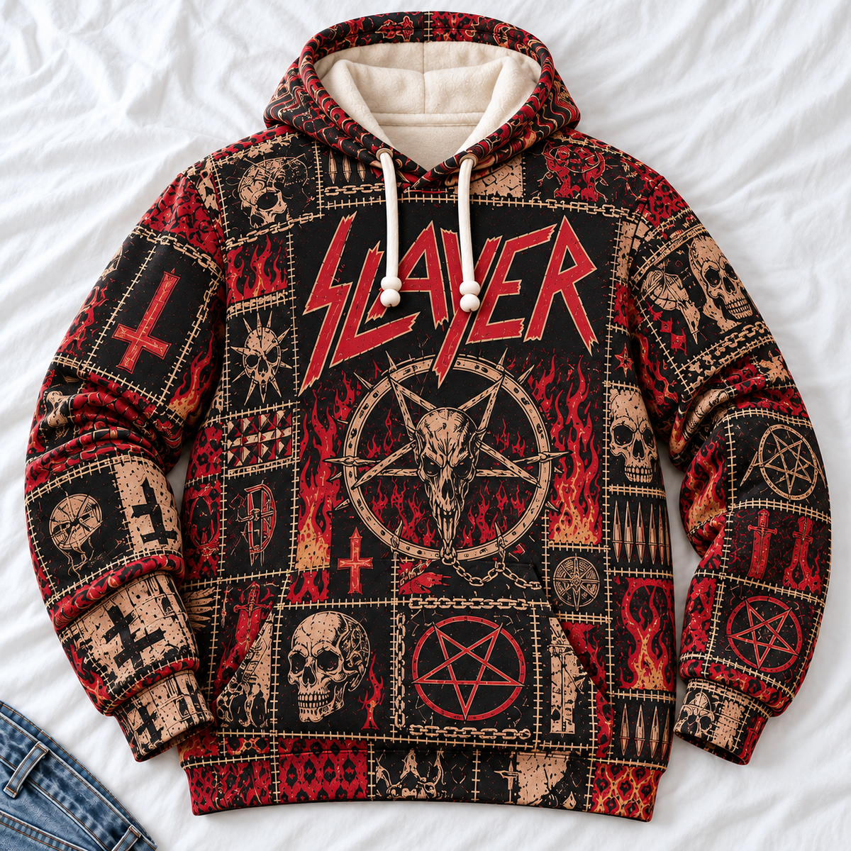 Slayer Patchwork Hoodie – Vintage Thrash Metal Graphic Pullover, Skull & Pentagram Design, Retro Heavy Metal Sweatshirt