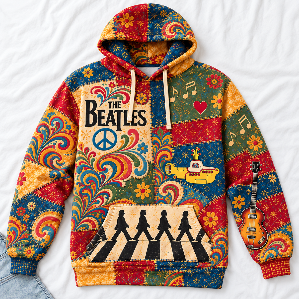 The Beatles Patchwork Hoodie – Vintage 60s Psychedelic Rock Band Pullover, Abbey Road & Yellow Submarine Inspired Hoodie, Retro Beatles Fan Gift