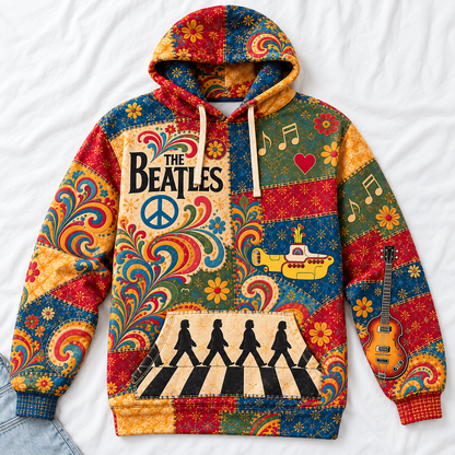 The Beatles Patchwork Hoodie – Vintage 60s Psychedelic Rock Band Pullover, Abbey Road & Yellow Submarine Inspired Hoodie, Retro Beatles Fan Gift