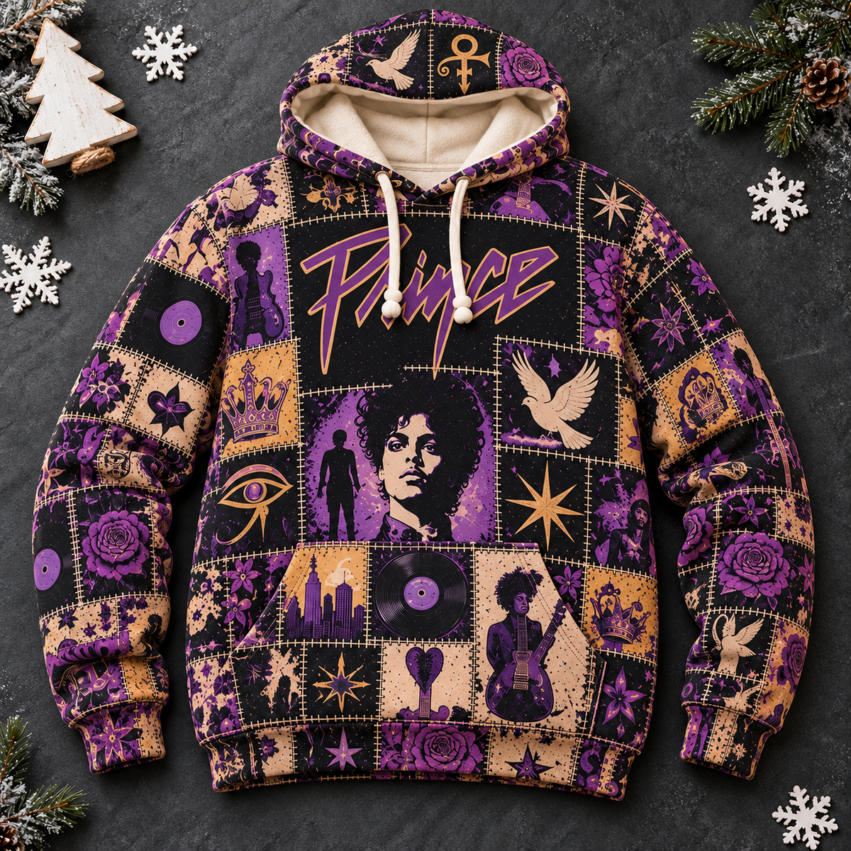 Prince Patchwork Hoodie – Vintage Purple Rain Graphic Pullover, Retro 80s Funk Rock Sweatshirt, Purple and Gold Music Hoodie