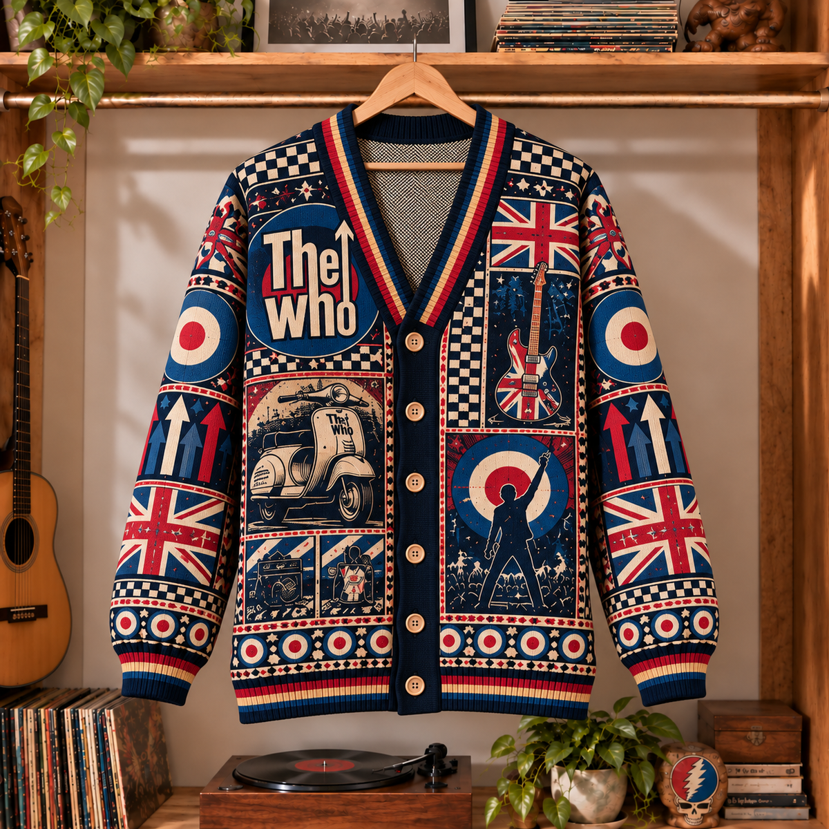 The Who Retro Rock Knit Cardigan - Vintage Style British Invasion Button Down Sweater, Unique Mod Target Scooter Band Merchandise Fan Outfit