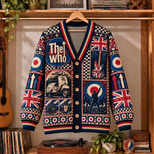 The Who Retro Rock Knit Cardigan - Vintage Style British Invasion Button Down Sweater, Unique Mod Target Scooter Band Merchandise Fan Outfit