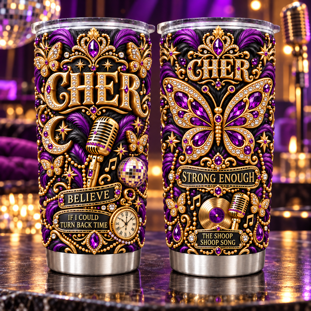 Cher 3D Printed Tumbler - 20oz Stainless Steel Insulated Travel Coffee Mug with Lid - Goddess of Pop Music Merchandise Gift